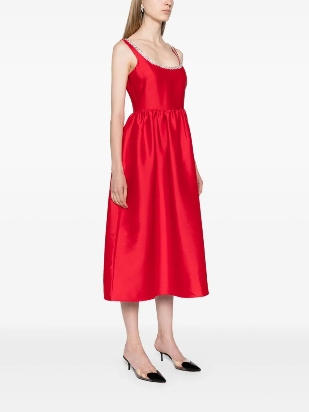 RED TAFFETA DIAMANTE MIDI DRESS