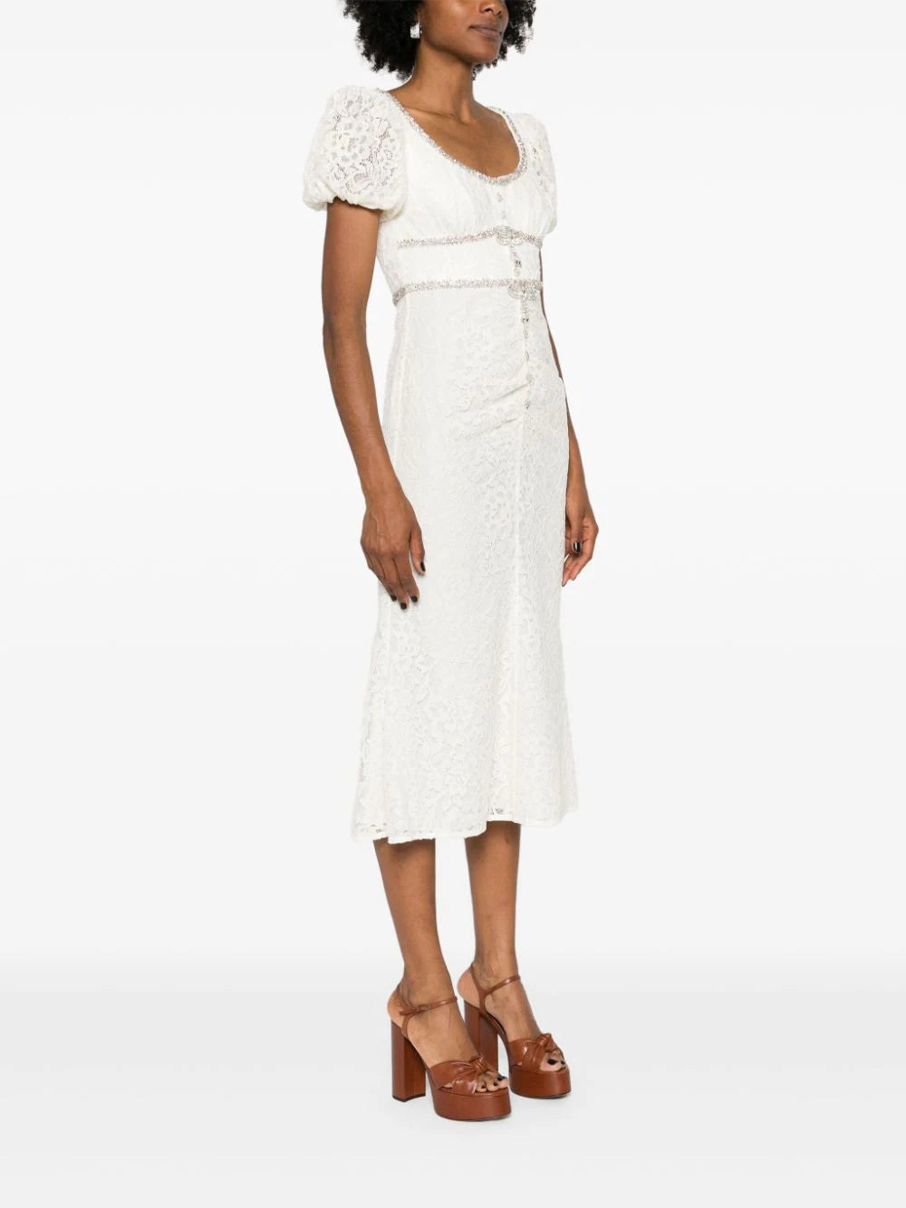 CREAM LACE DIAMANTE TRIM MIDI DRESS