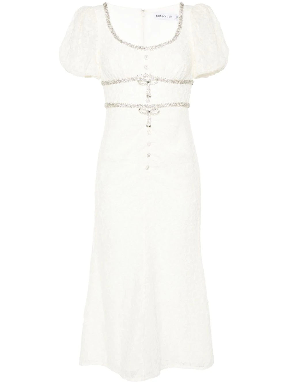 CREAM LACE DIAMANTE TRIM MIDI DRESS