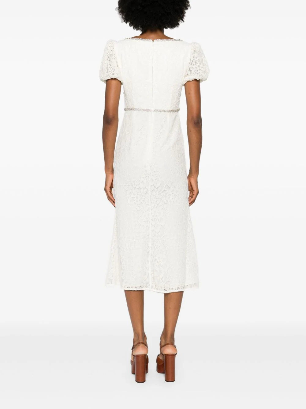 CREAM LACE DIAMANTE TRIM MIDI DRESS