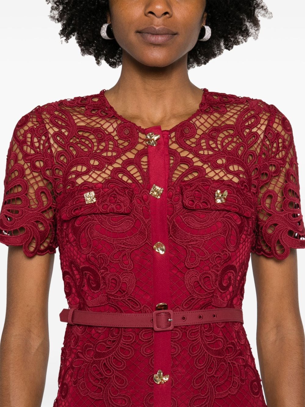 RED GUIPURE LACE BUTTON MIDI DRESS