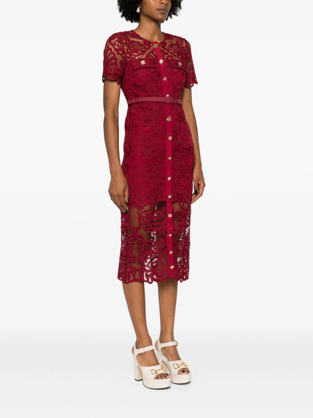 RED GUIPURE LACE BUTTON MIDI DRESS