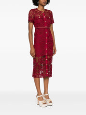 RED GUIPURE LACE BUTTON MIDI DRESS