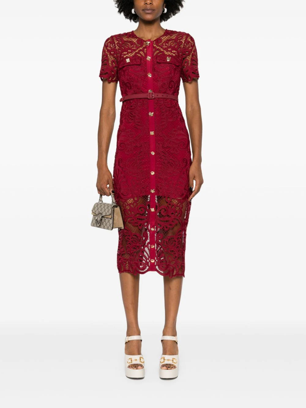 RED GUIPURE LACE BUTTON MIDI DRESS