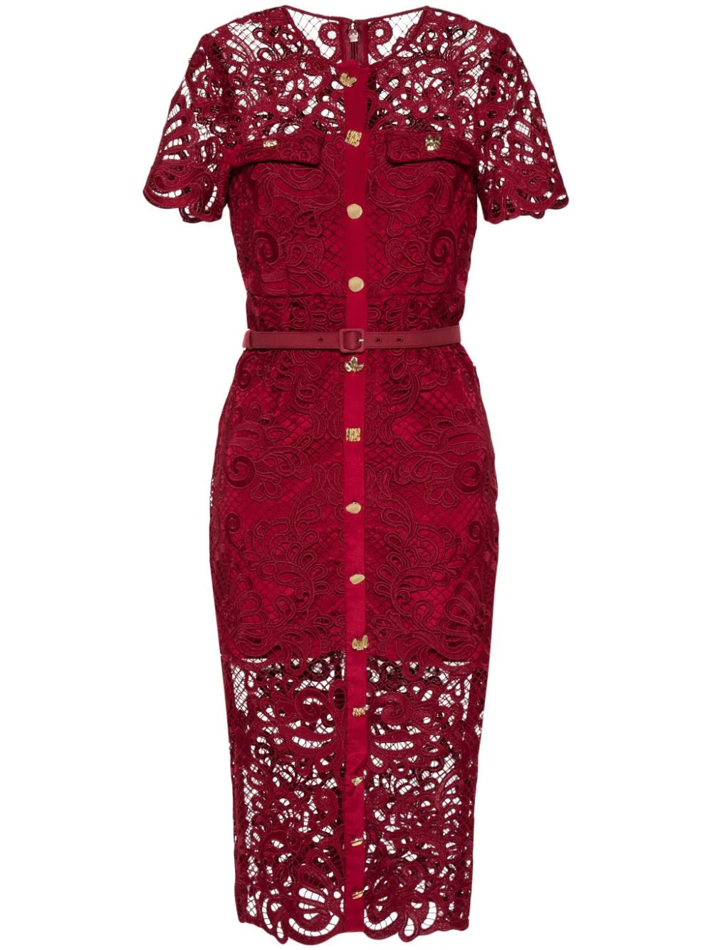 RED GUIPURE LACE BUTTON MIDI DRESS