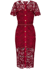 RED GUIPURE LACE BUTTON MIDI DRESS