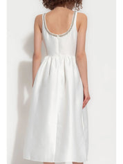 WHITE TAFFETA DIAMANTE MIDI DRESS