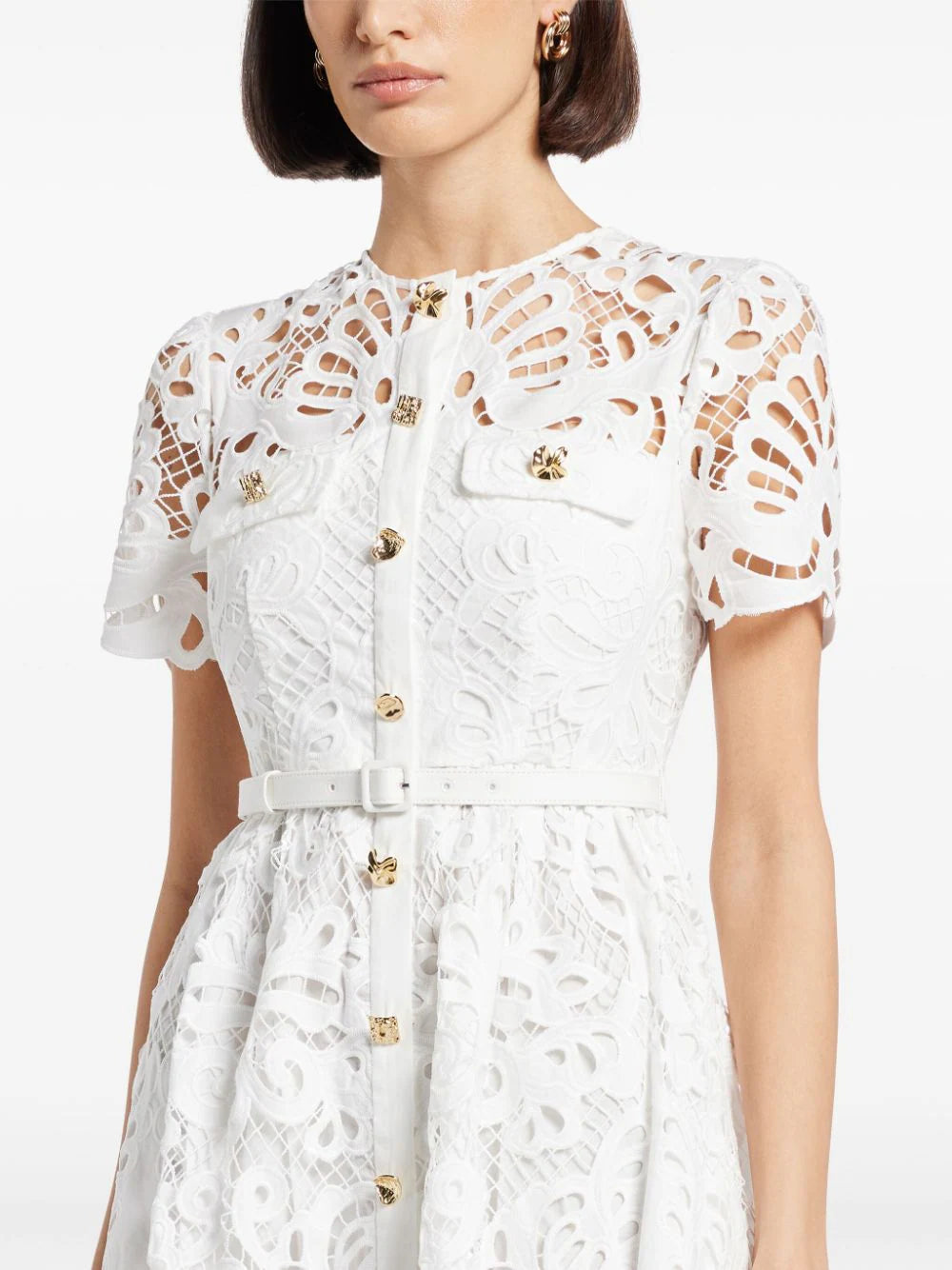 WHITE COTTON LACE BUTTON MIDI DRESS