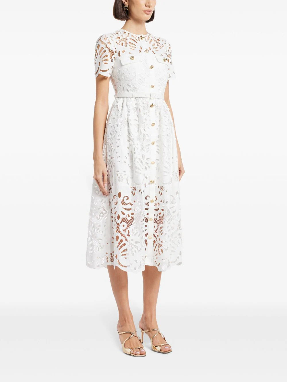 WHITE COTTON LACE BUTTON MIDI DRESS