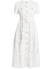 WHITE COTTON LACE BUTTON MIDI DRESS