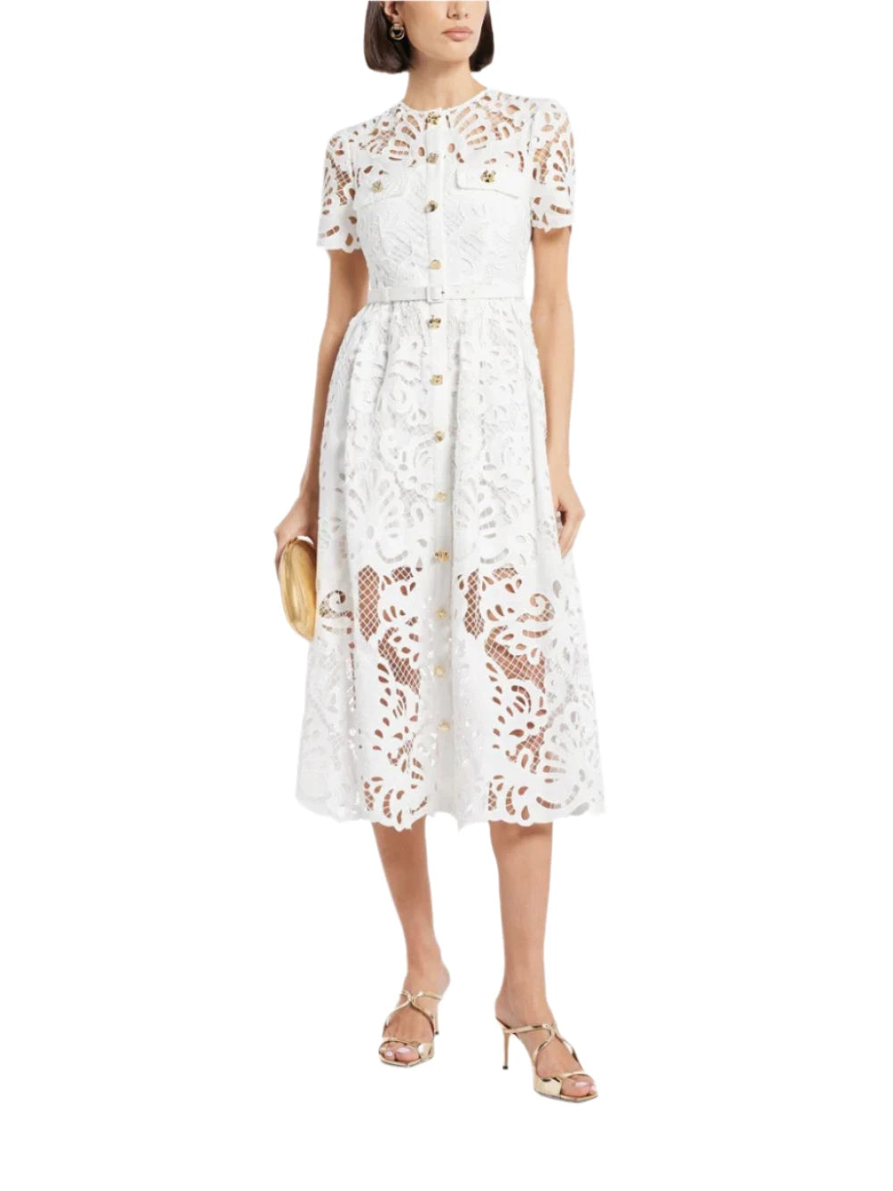 WHITE COTTON LACE BUTTON MIDI DRESS