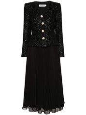 BLACK TINSEL BOUCLE CHIFFON MIDI DRESS