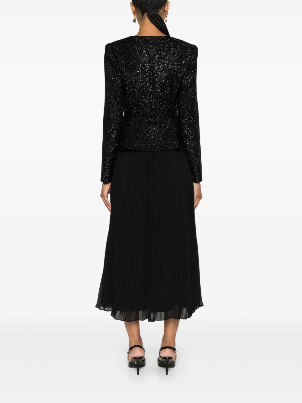 BLACK TINSEL BOUCLE CHIFFON MIDI DRESS