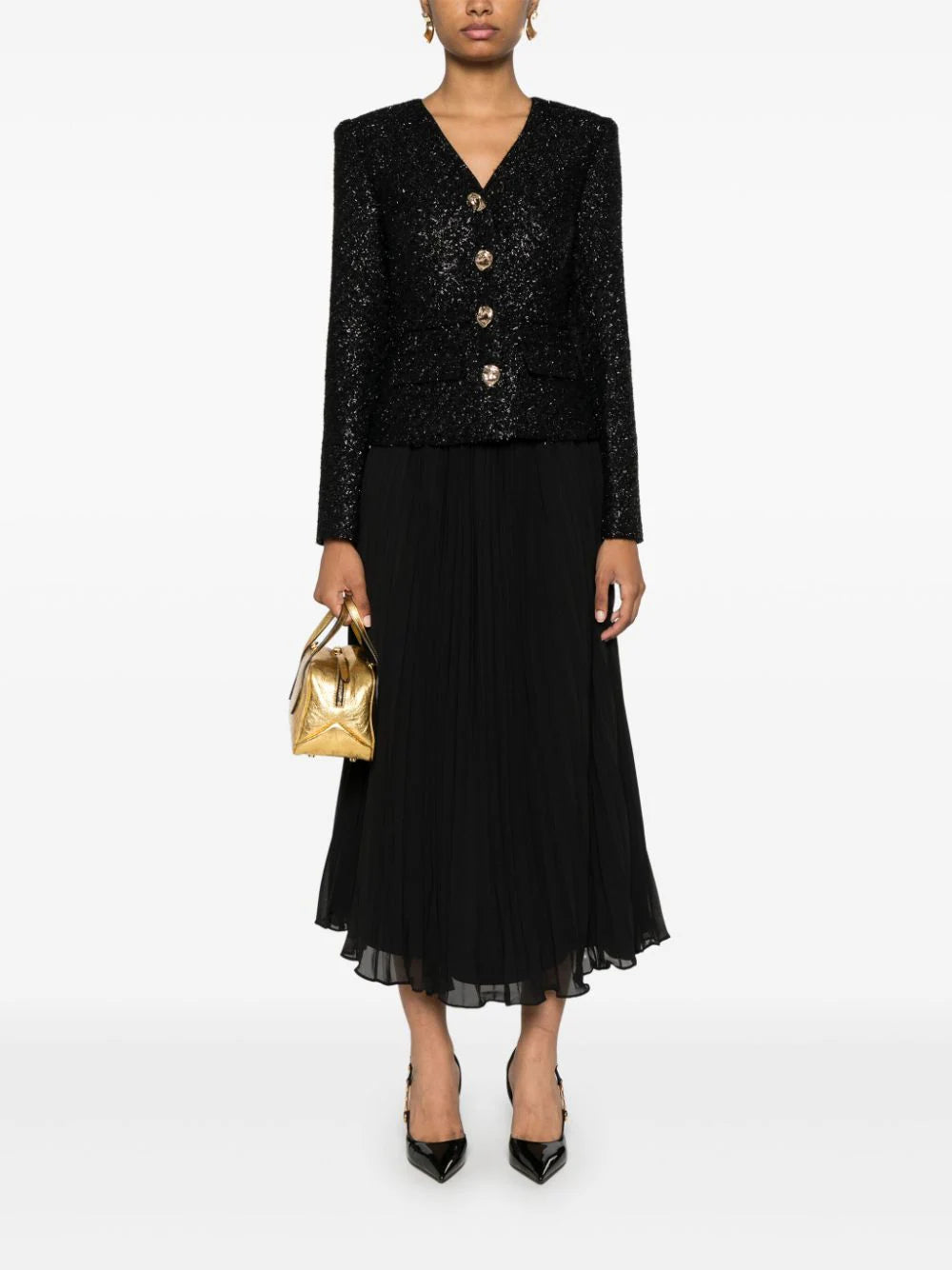 BLACK TINSEL BOUCLE CHIFFON MIDI DRESS