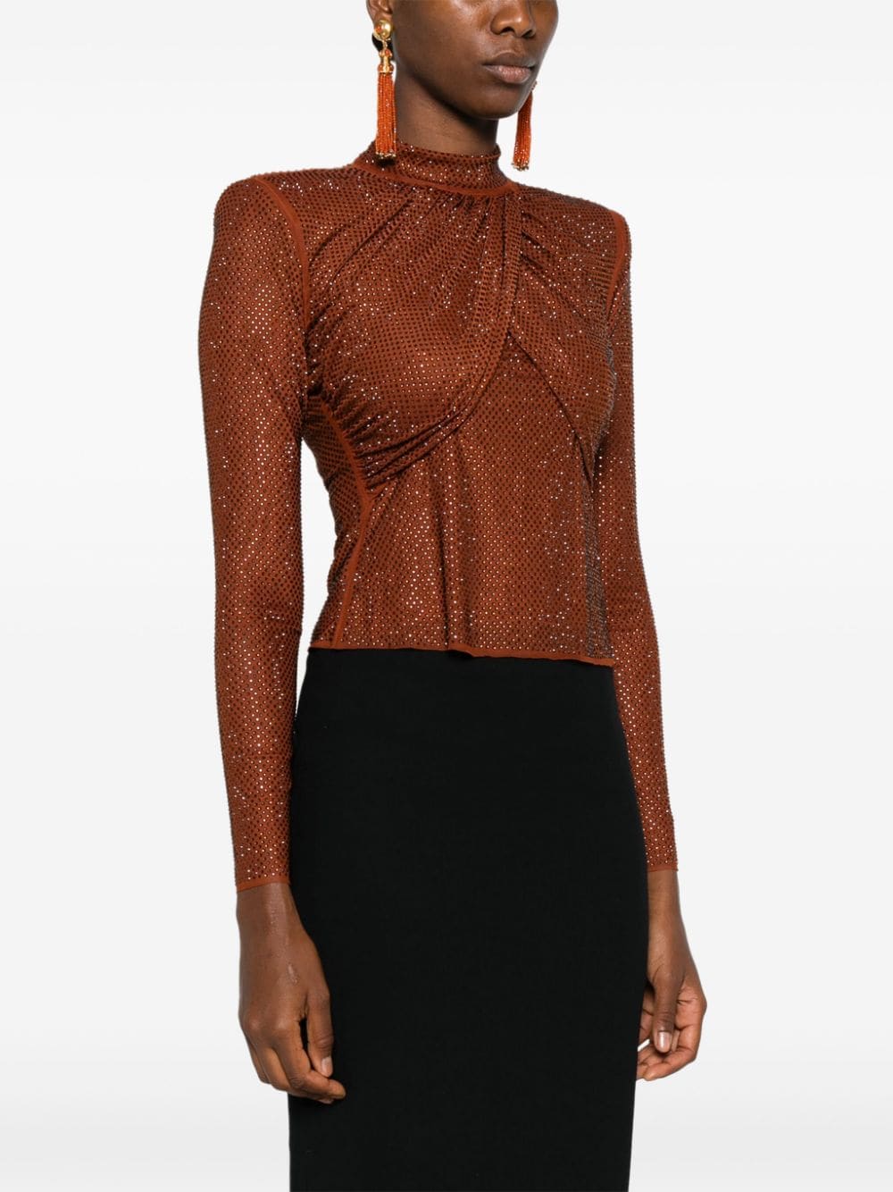 BROWN RHINESTONE MESH TOP