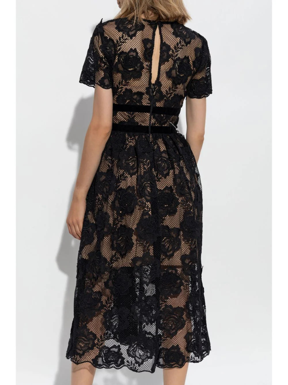 BLACK LACE VELVET BOW MIDI DRESS