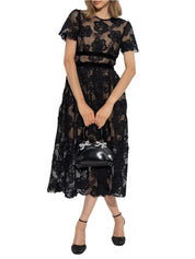 BLACK LACE VELVET BOW MIDI DRESS