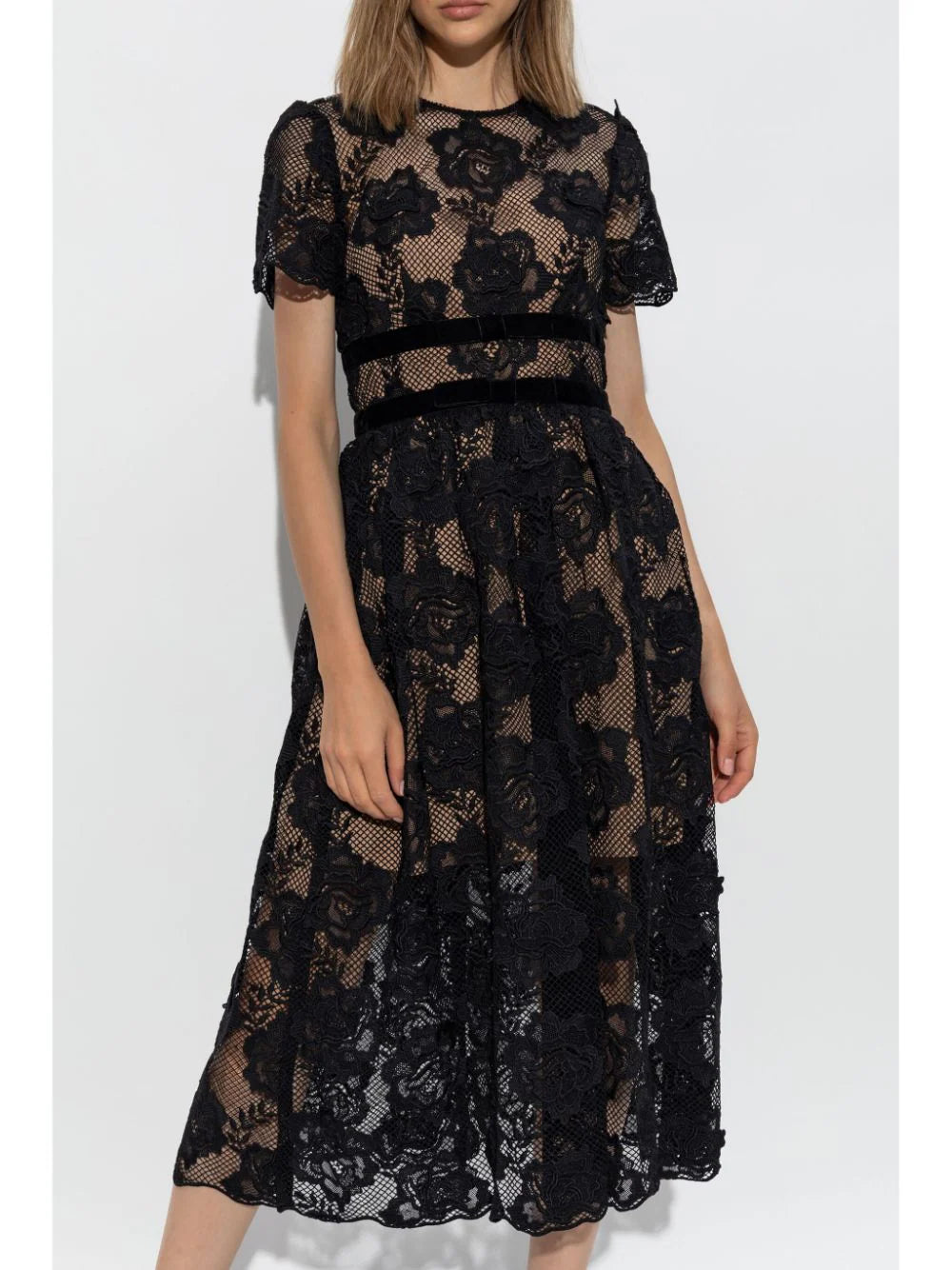 BLACK LACE VELVET BOW MIDI DRESS