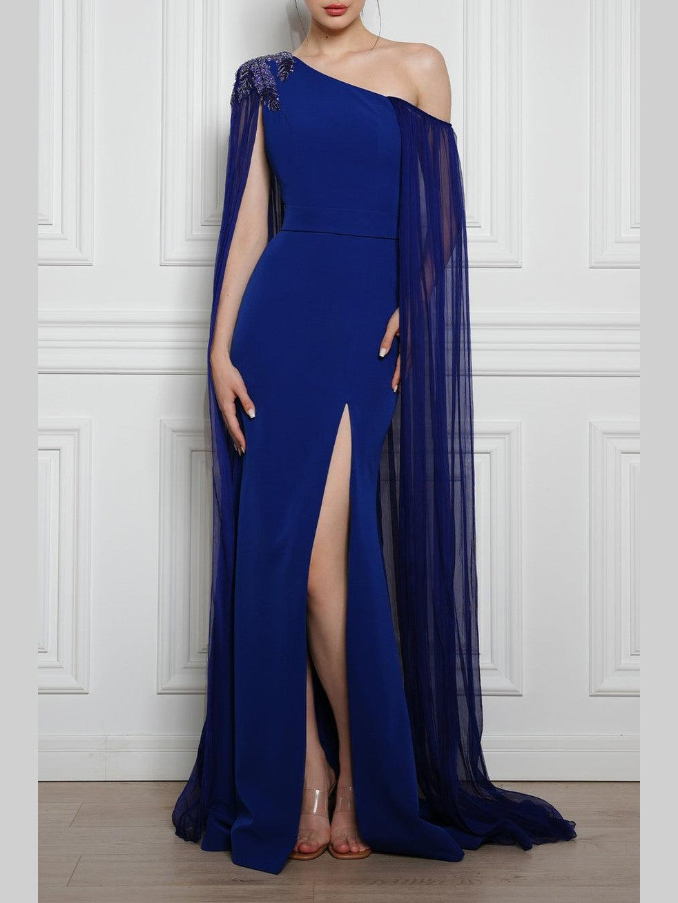Vega one-shoulder mermaid dress with silk chiffon cape in sapphire