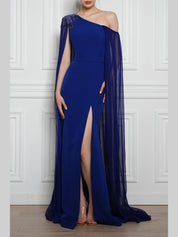 Vega one-shoulder mermaid dress with silk chiffon cape in sapphire