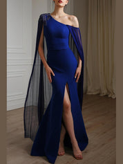Vega one-shoulder mermaid dress with silk chiffon cape in sapphire
