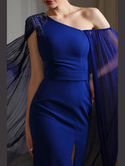 Vega one-shoulder mermaid dress with silk chiffon cape in sapphire