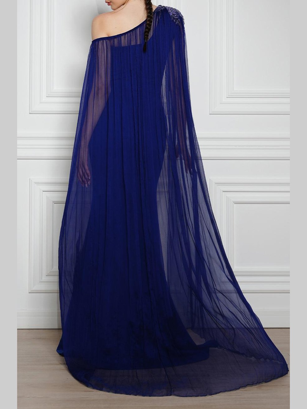 Vega one-shoulder mermaid dress with silk chiffon cape in sapphire