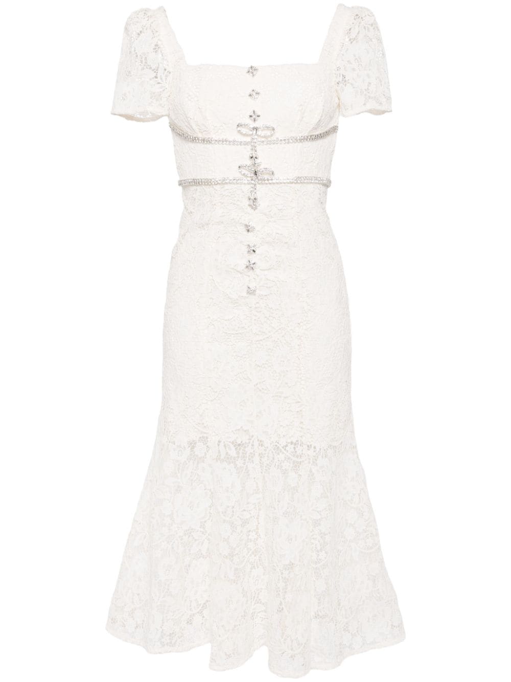 CREAM LACE DIAMANTE BOW MIDI DRESS