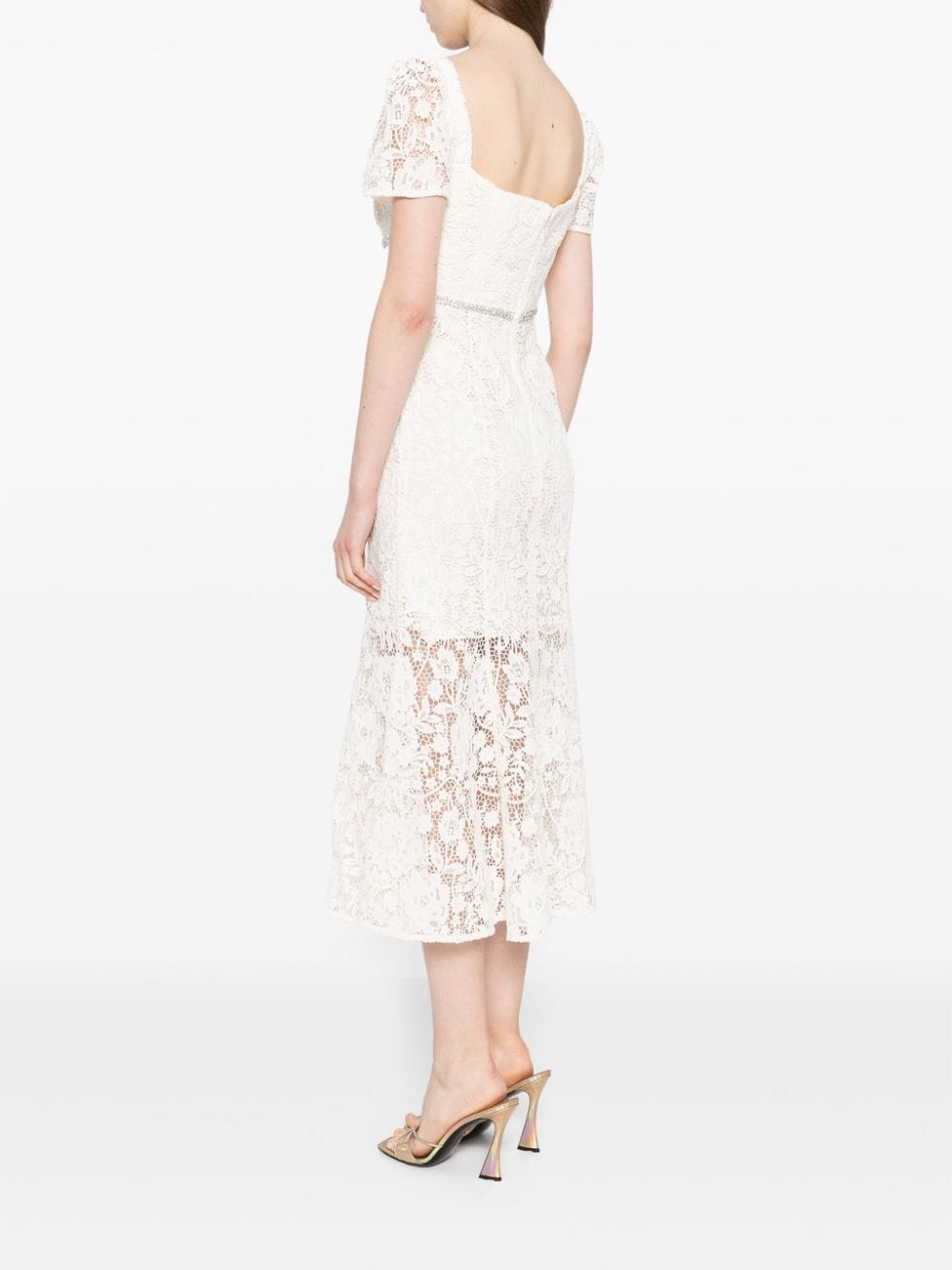 CREAM LACE DIAMANTE BOW MIDI DRESS