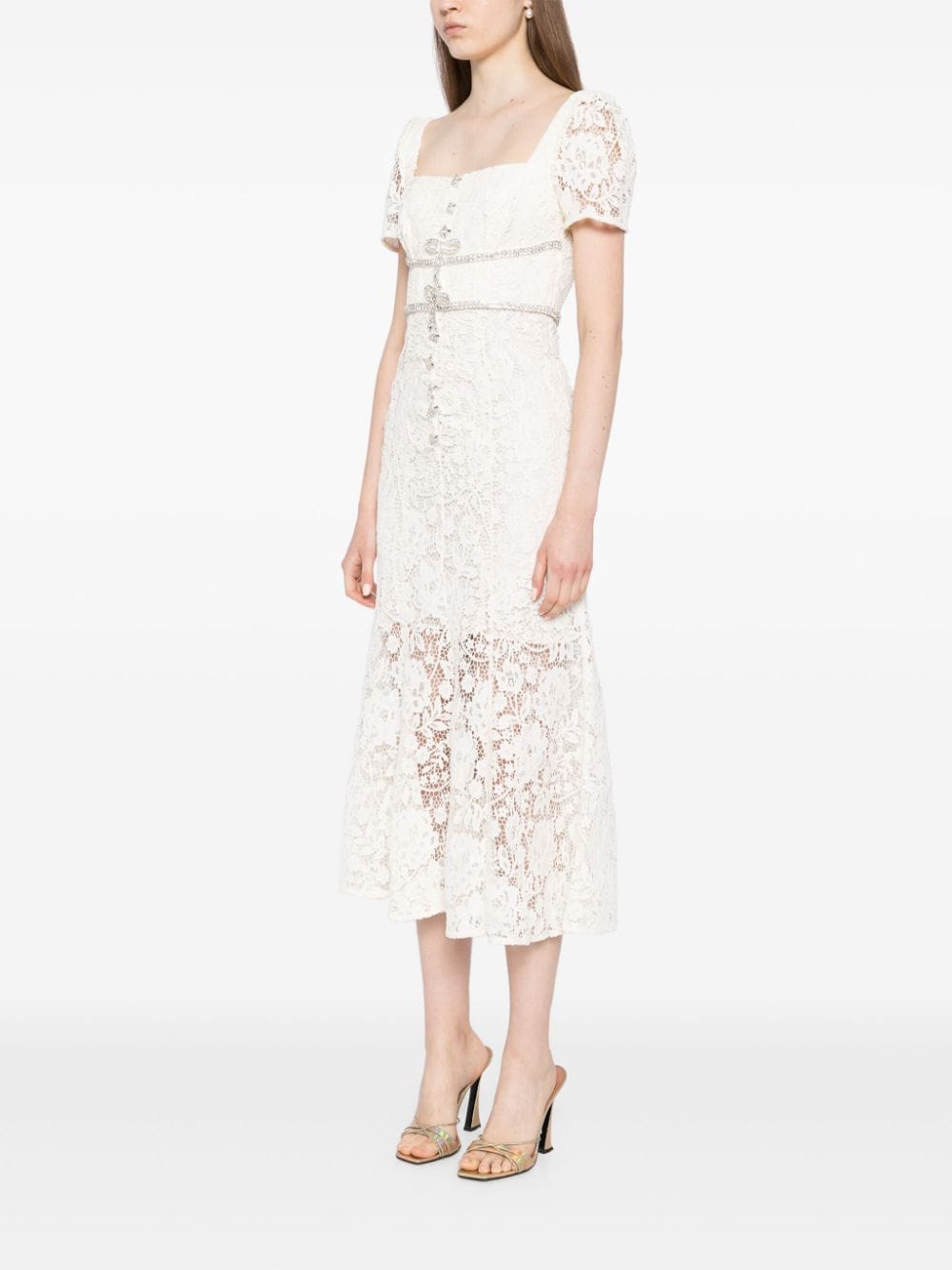 CREAM LACE DIAMANTE BOW MIDI DRESS