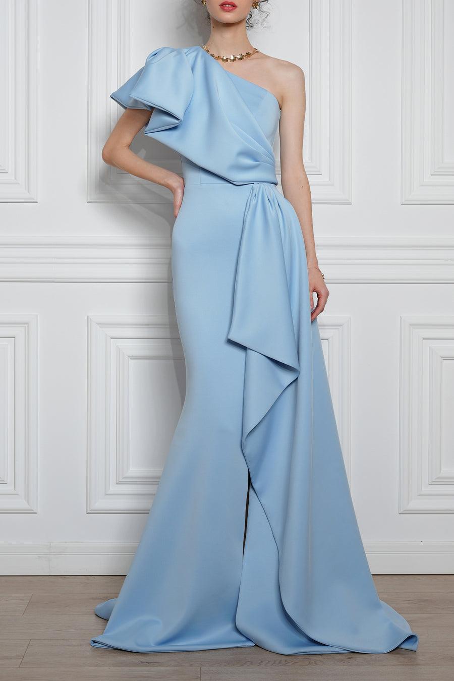 Rhisa One-Shoulder Scuba Dress in Sky Blue