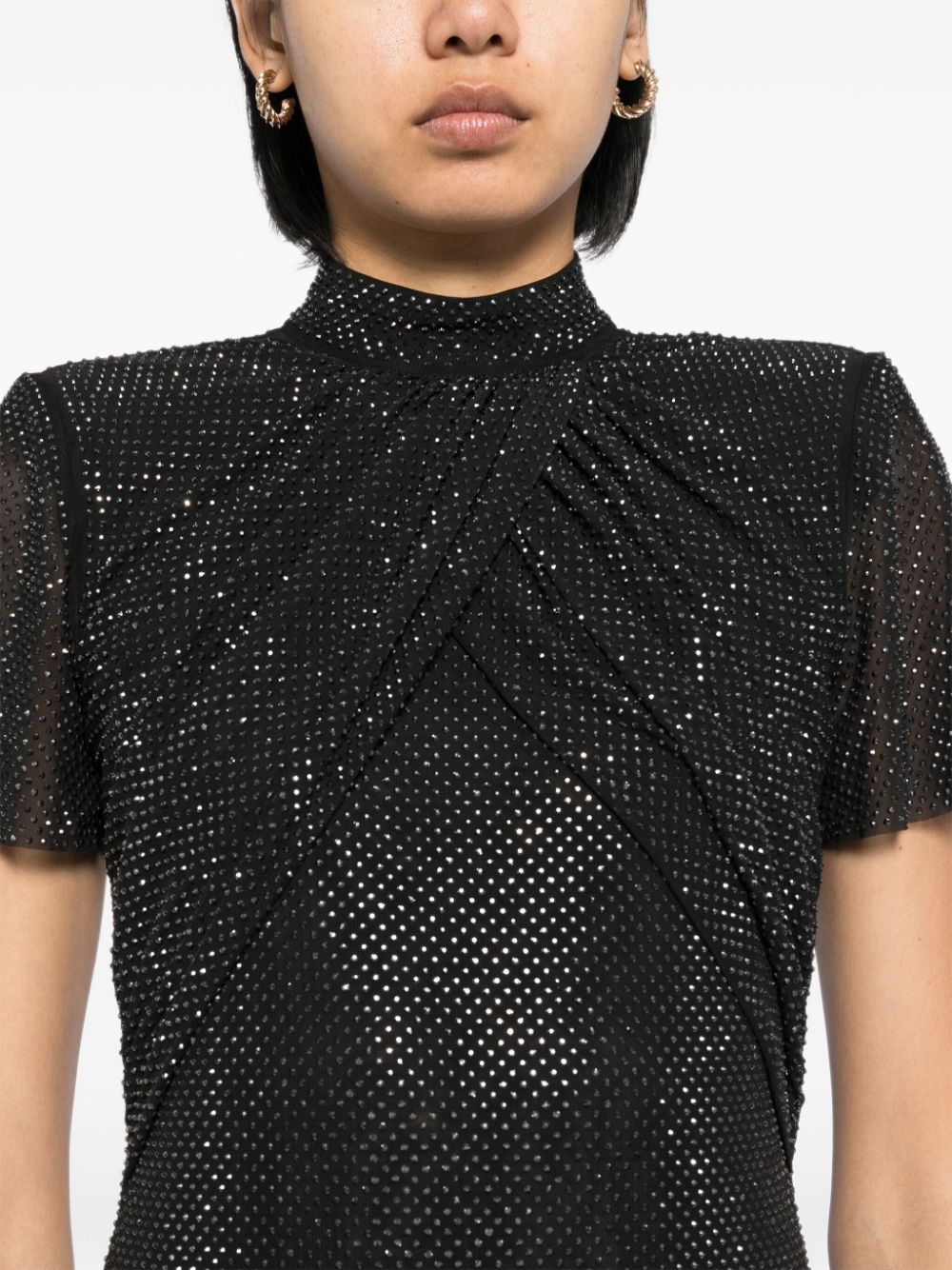 BLACK RHINESTONE MESH MIDI DRESS