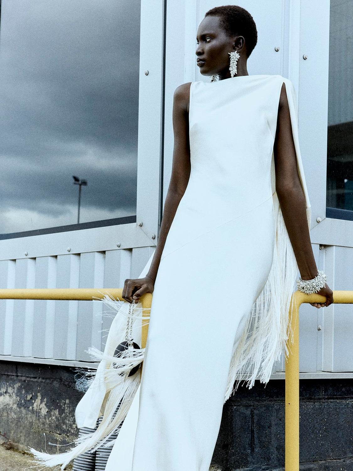 Cream satin fringed maxi dress