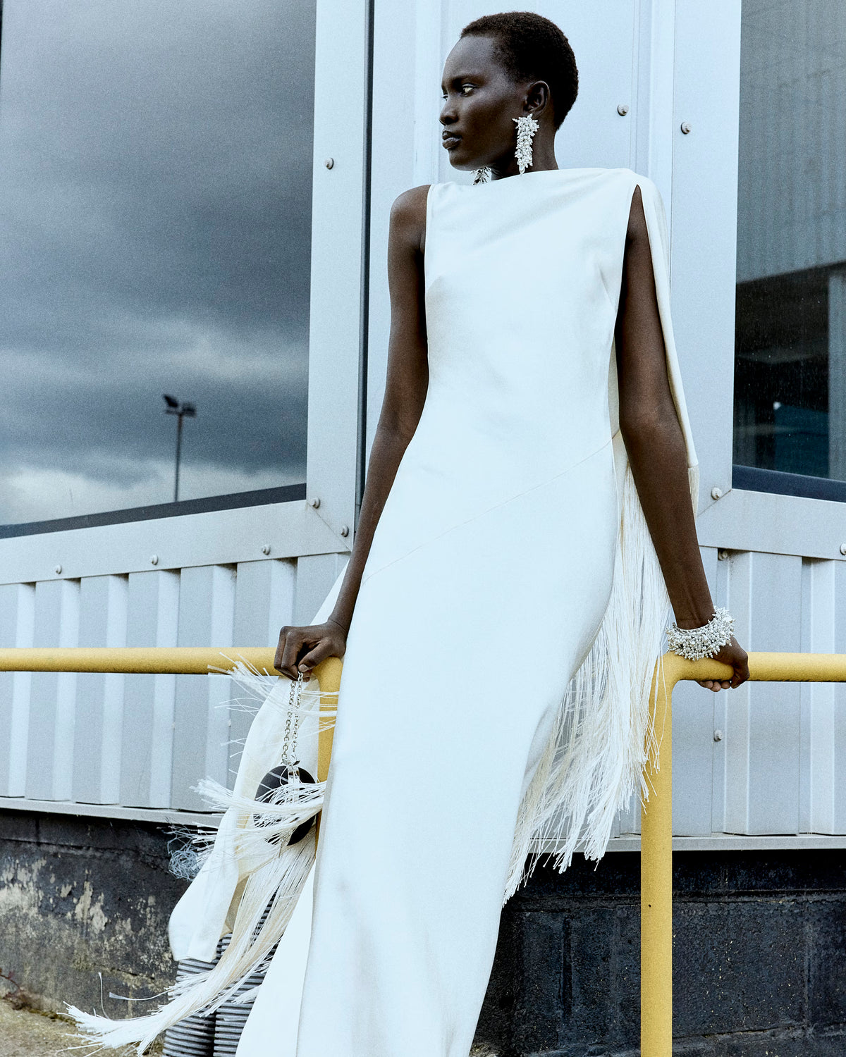 Cream satin fringed maxi dress