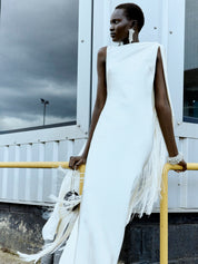 Cream satin fringed maxi dress