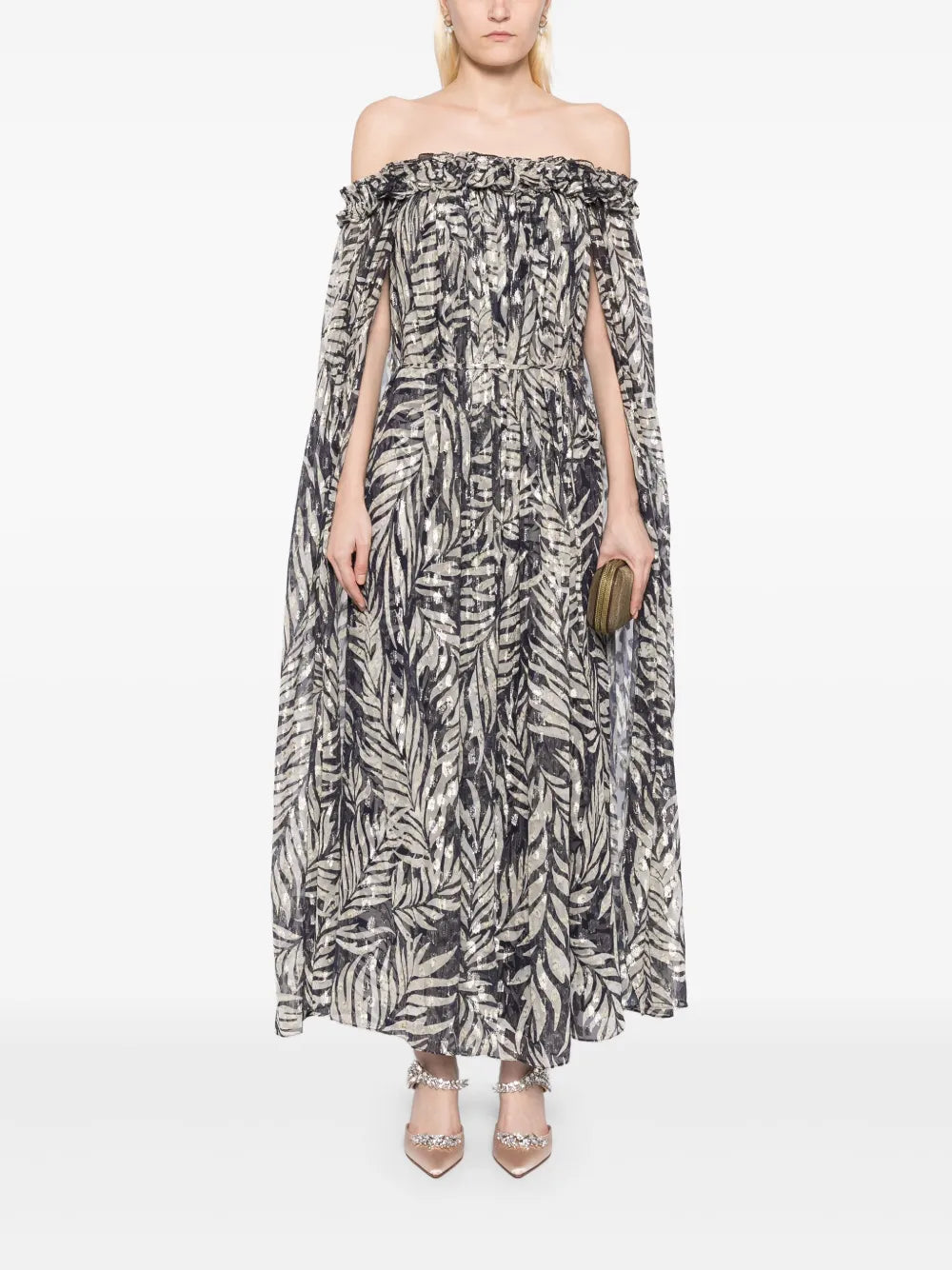 FEATHER LUREX OFF-SHOULDER ANKLE GOWN