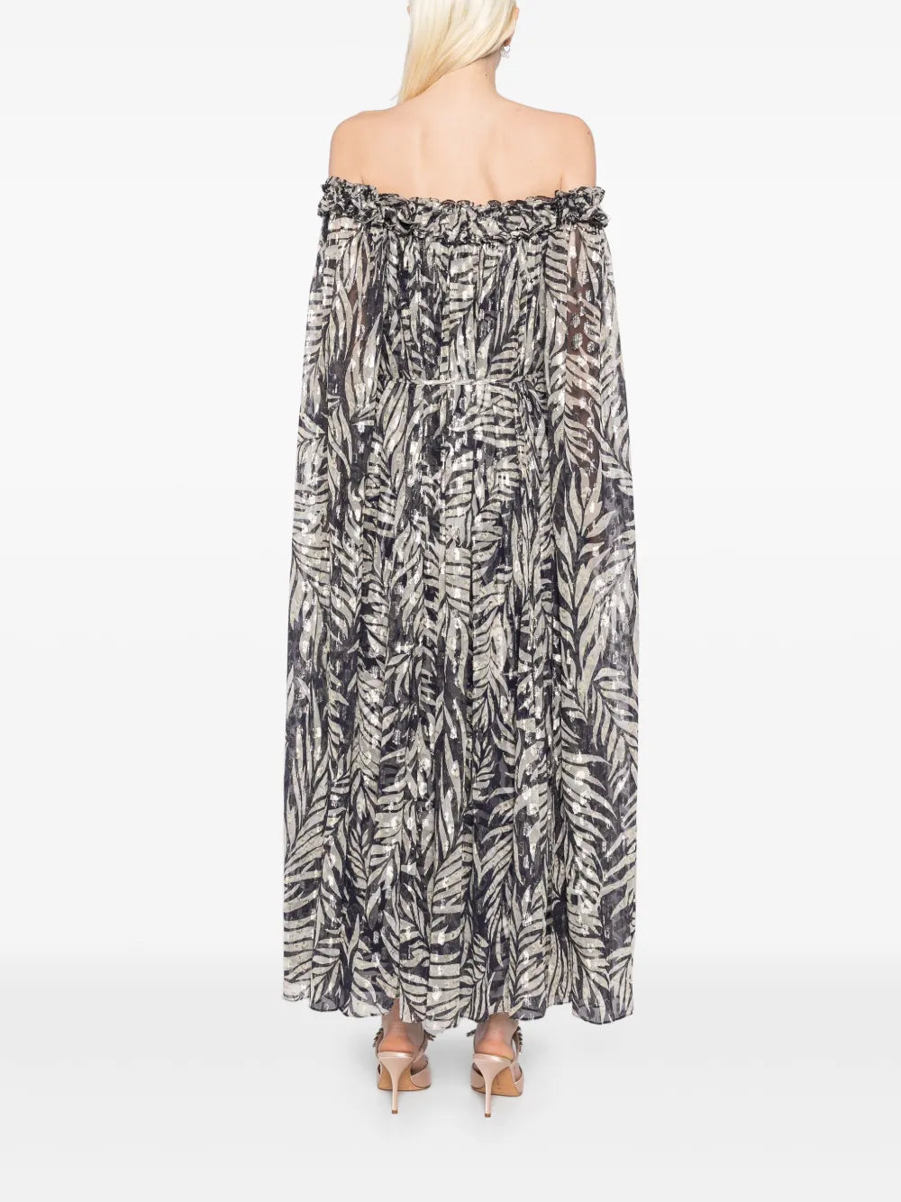 FEATHER LUREX OFF-SHOULDER ANKLE GOWN