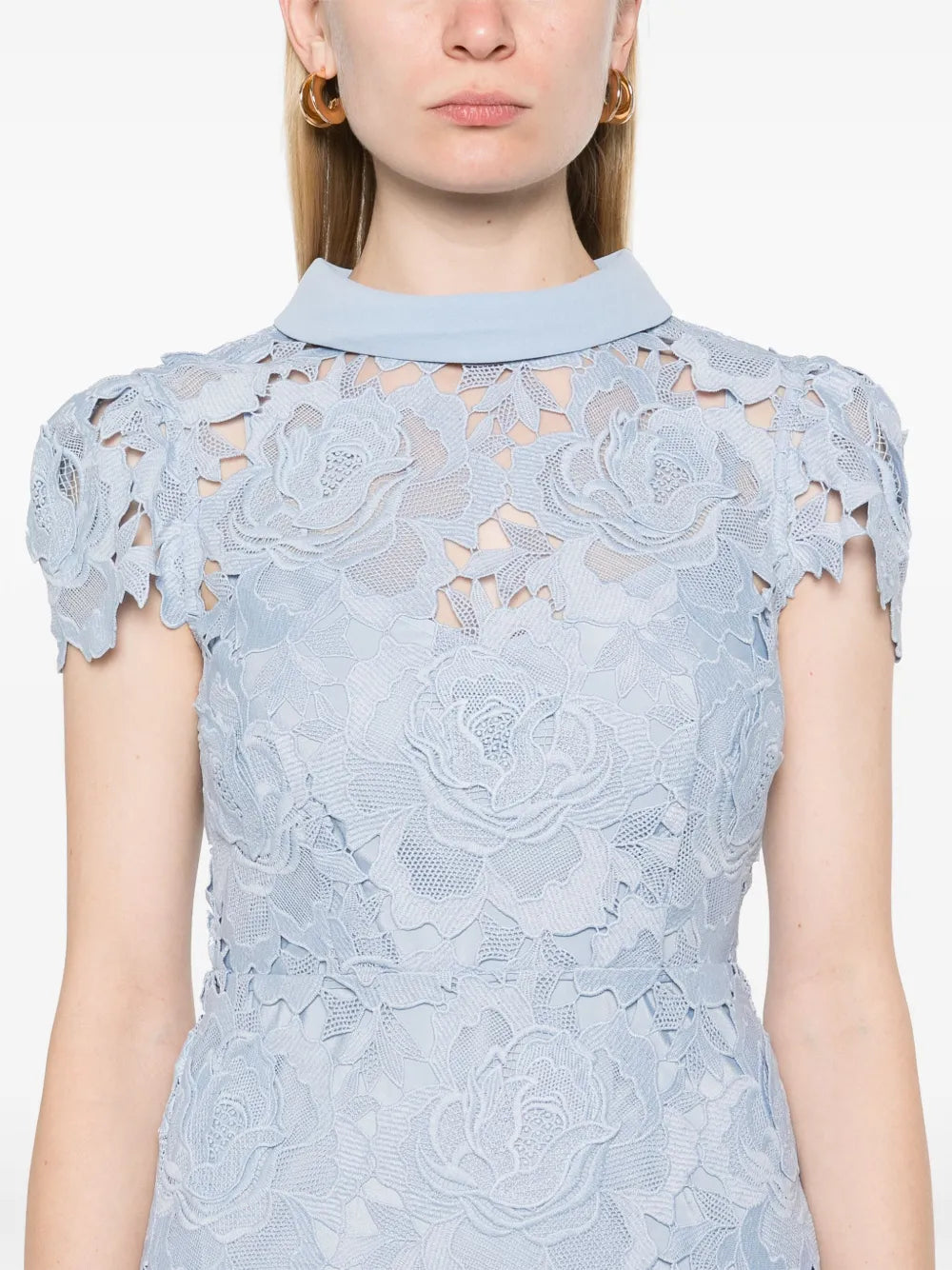 BLUE FLOWER LACE CONTRAST COLLAR MIDI DRESS