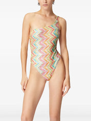 One-shoulder one-piece swimsuit in printed tulle