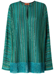 Zigzag long-sleeved blouse with sequins and fringes