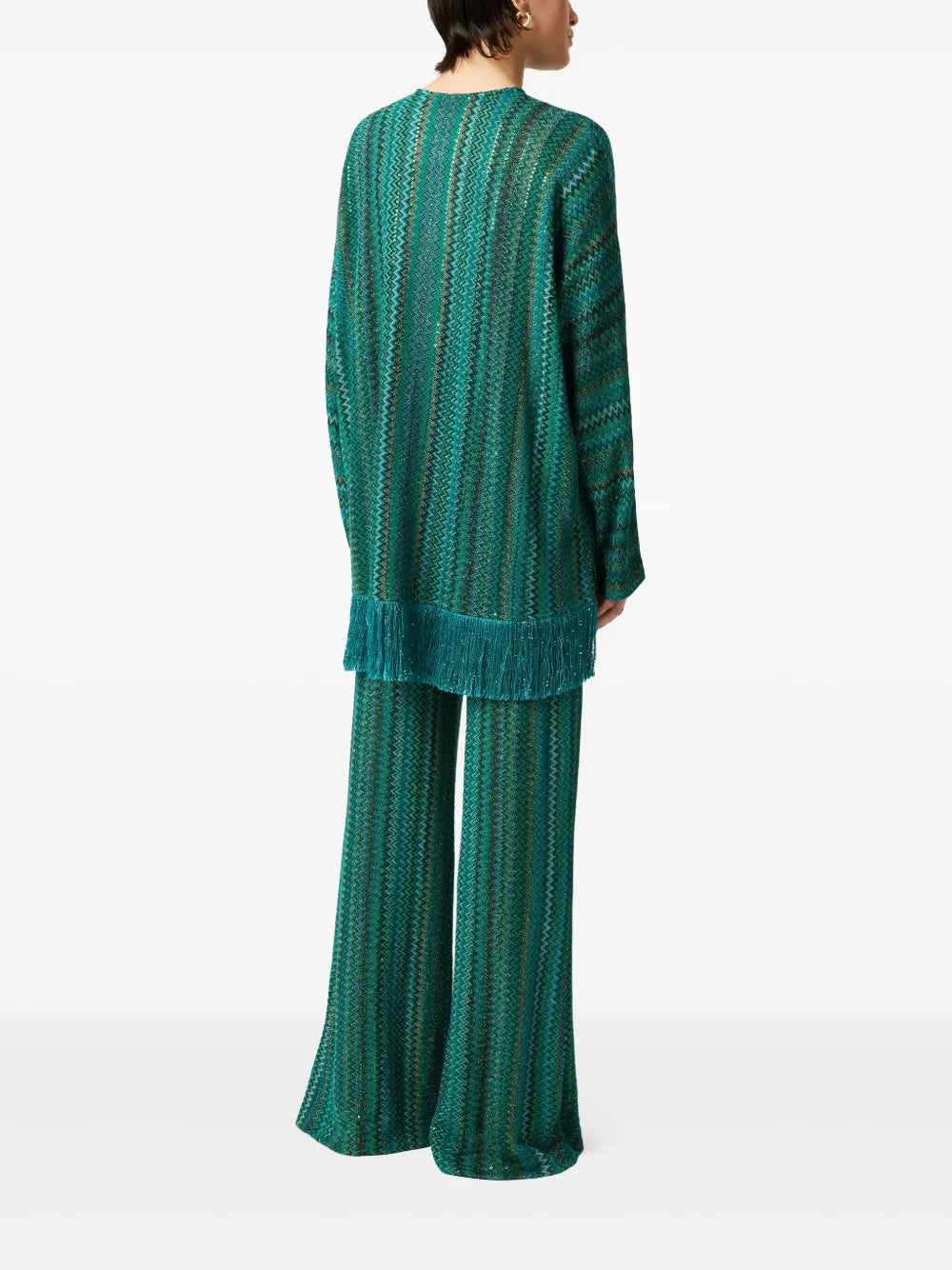 Zigzag long-sleeved blouse with sequins and fringes