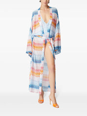 Kimono cover-up in zigzag lamé viscose blend with belt at the waist