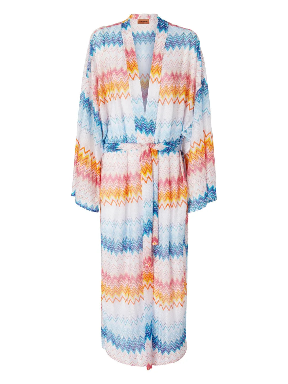 Kimono cover-up in zigzag lamé viscose blend with belt at the waist