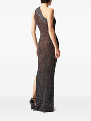 Long one-shoulder ribbed dress with sequins and slit