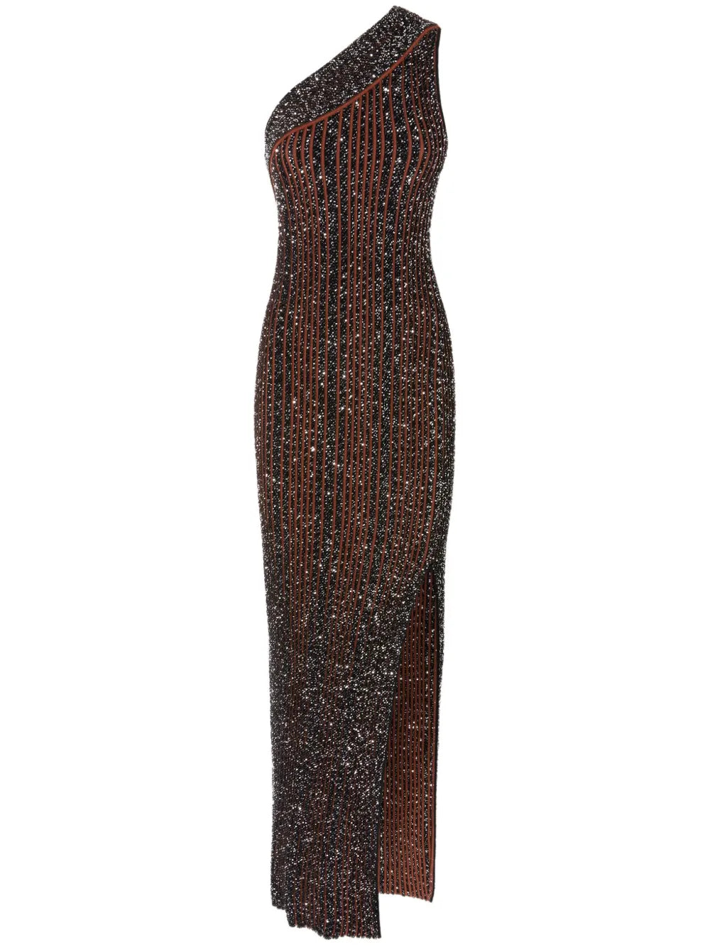 Long one-shoulder ribbed dress with sequins and slit