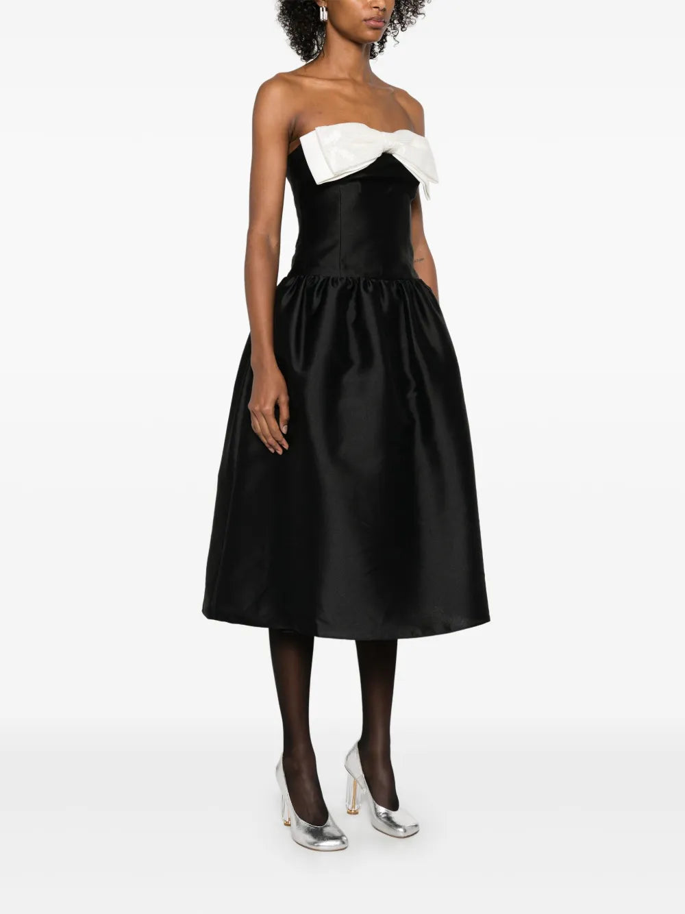 BLACK TAFFETA CONTRAST BOW MIDI DRESS