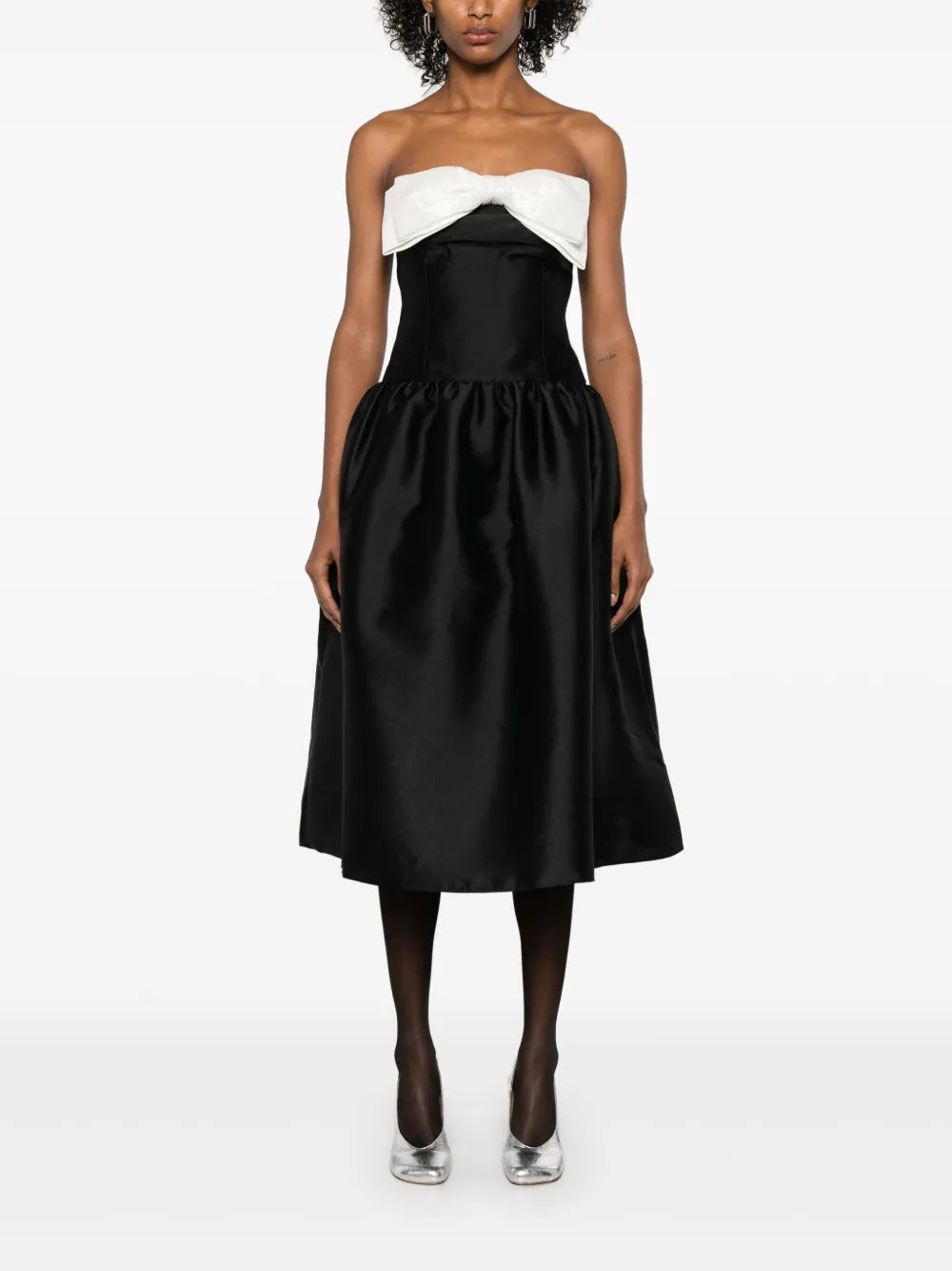 BLACK TAFFETA CONTRAST BOW MIDI DRESS