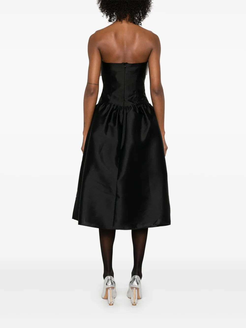 BLACK TAFFETA CONTRAST BOW MIDI DRESS