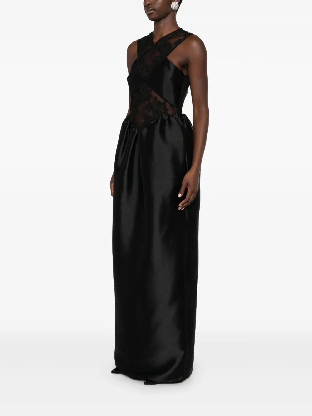 BLACK LACE TAFFETA MAXI DRESS