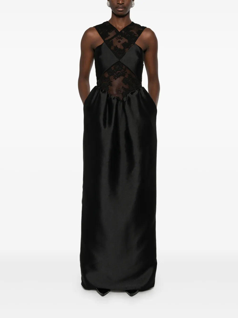 BLACK LACE TAFFETA MAXI DRESS